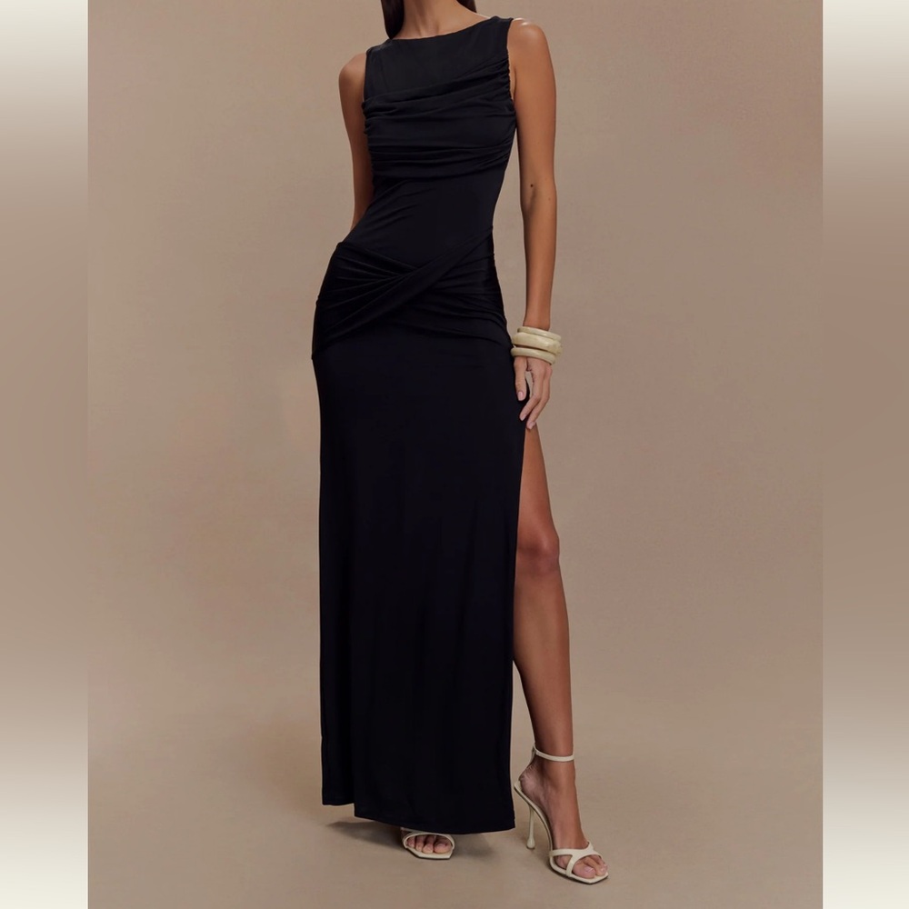 MESHKI Henley Black Slinky Drape Maxi Dress
